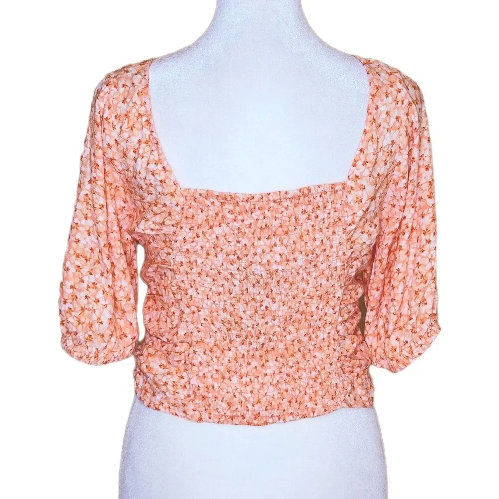 H&M Ruched Front Puff Sleeve V-Neck Crop Top Orange Ditsy Floral M Cottagecore